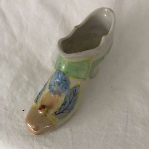 Vintage Collectible Porcelain Shoe Figurine Floral pattern high heel with blue flower and leaves iridescent toe