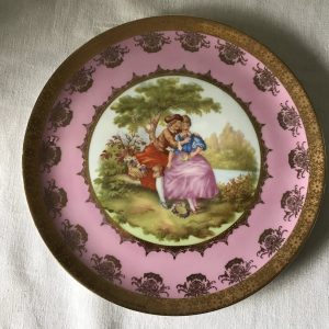 Vintage Courting Couple Pink and Gold large serving tray platter W. Germany Carlsbad J.K.