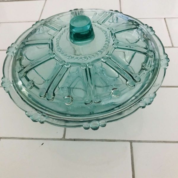 Vintage Covered Dish Candy Jar Blue Green Jeanette Glass bowl collectible farmhouse cottage shabby chic retro kitchen display