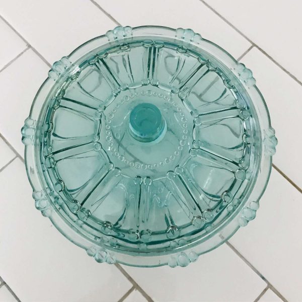 Vintage Covered Dish Candy Jar Blue Green Jeanette Glass bowl collectible farmhouse cottage shabby chic retro kitchen display