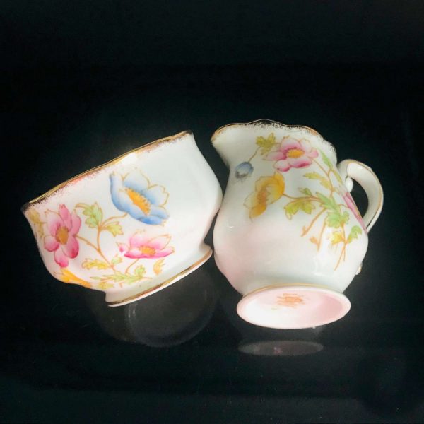 Vintage Cream and Sugar Yellow Pink & Blue Floral Royal Albert Anemone England Collectible Display Tabletop dining farmhouse display serving