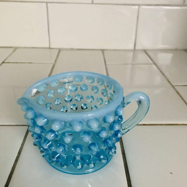 Vintage cream pitcher creamer hobnail glass light aqua blue with opalescent white rim farmhouse collectible display  gold trim