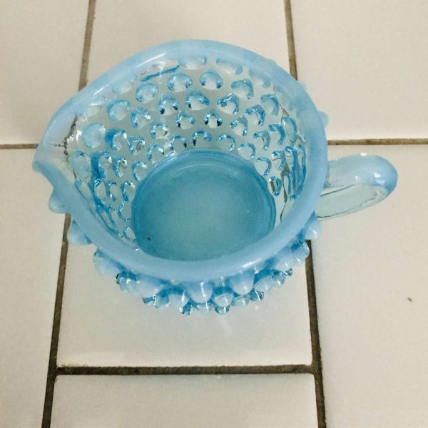 Vintage cream pitcher creamer hobnail glass light aqua blue with opalescent white rim farmhouse collectible display  gold trim