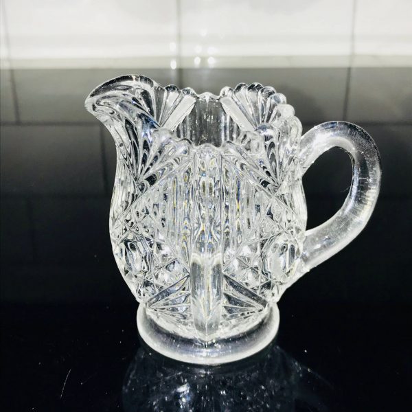 Vintage Cream pitcher Early American Pressed Glass Ornate Miniature creamer collectible display elegant dining