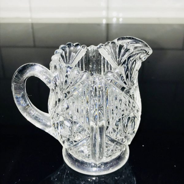 Vintage Cream pitcher Early American Pressed Glass Ornate Miniature creamer collectible display elegant dining