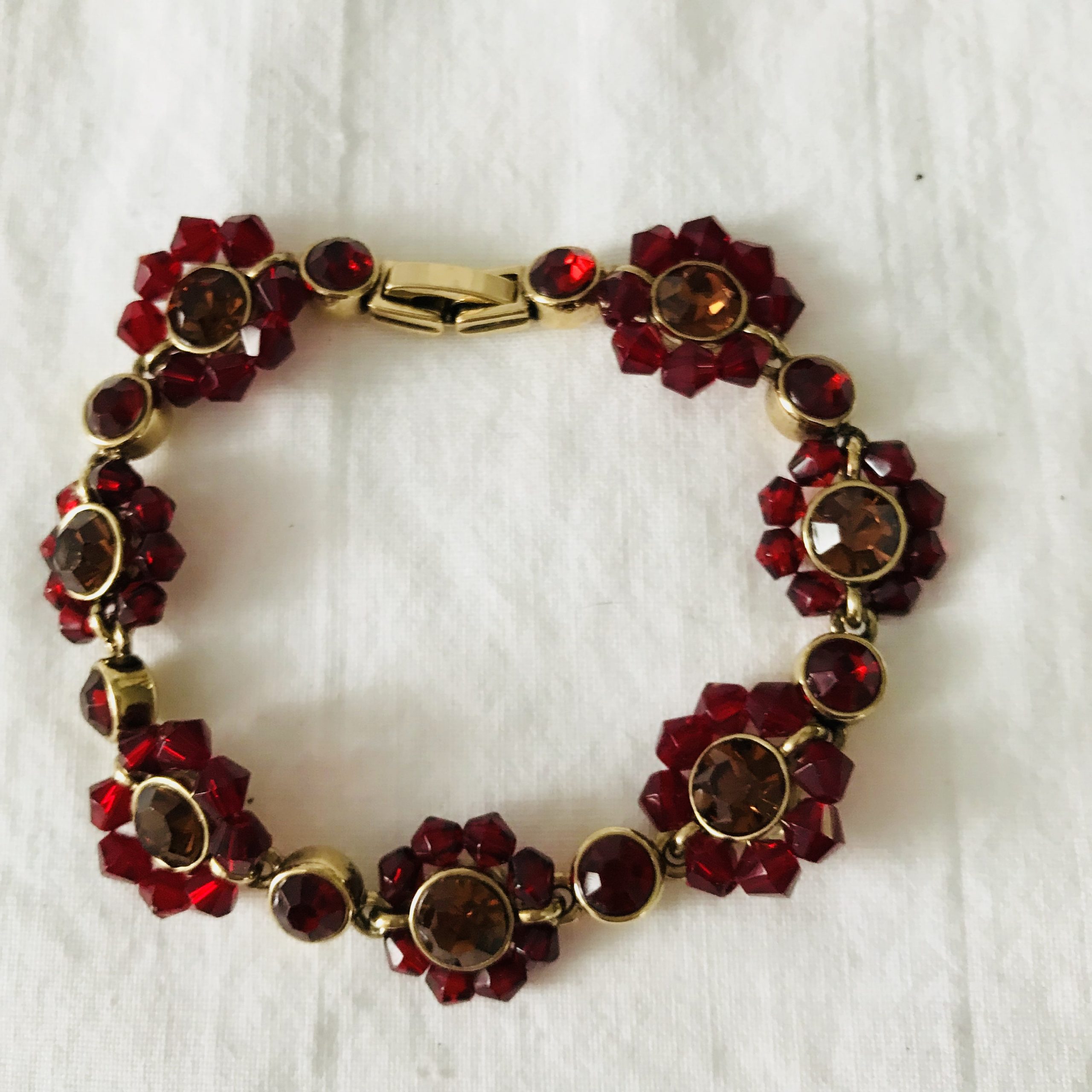 Vintage crystal bracelet red flowers with topaz colored centers gold ...