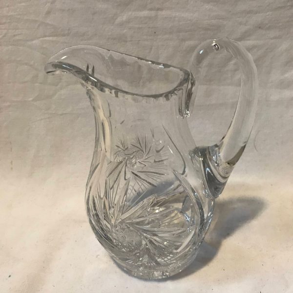 Vintage crystal syrup pitcher American Brilliant Pattern with cut rim and thumbprint at top collectible fine dining elegant