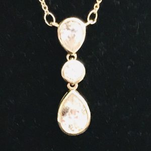 Vintage Crystal tear drop pendant necklace 3 crystals 16" gold tone chain