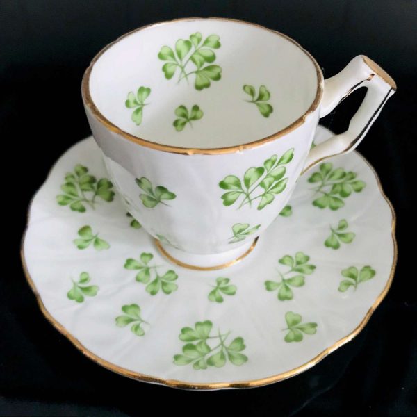 Vintage Demitasse Tea cup and Saucer Aynsely England Shamrock pattern collectible display green inside & out farmhouse collectible display