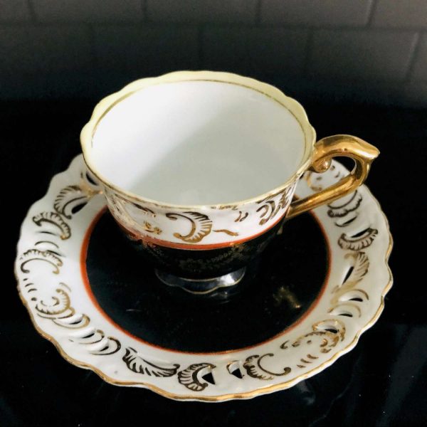 Vintage Demitasse Tea cup and Saucer Black White and Gold Occupied Japan pierced rim saucer farmhouse collectible display cottage