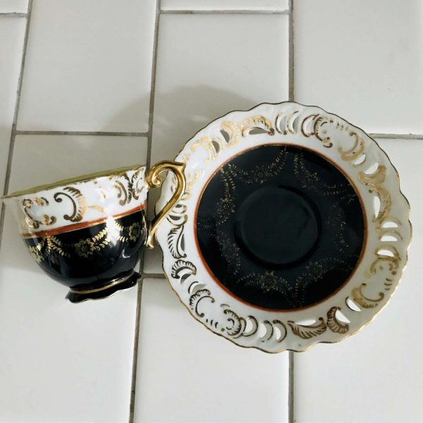 Vintage Demitasse Tea cup and Saucer Black White and Gold Occupied Japan pierced rim saucer farmhouse collectible display cottage