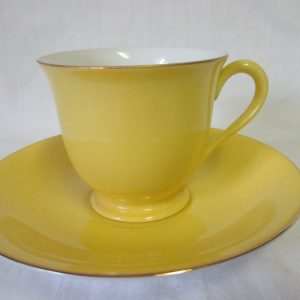 Vintage Demitasse Tea cup and saucer yellow with gold trim Noritake Japan Mid Century Modern