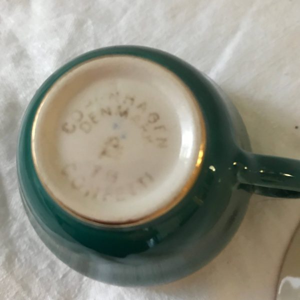 Vintage Demitasse Tea cup & Saucer Copenhagen Denmark Gold and green collectible display home decor dining serving kitchen