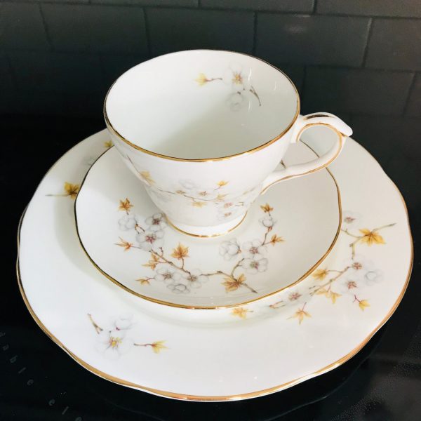 Vintage Duchess Tea cup and saucer TRIO England Fine bone china Dogwood Yellow & gray gold trim farmhouse collectible display dining serving
