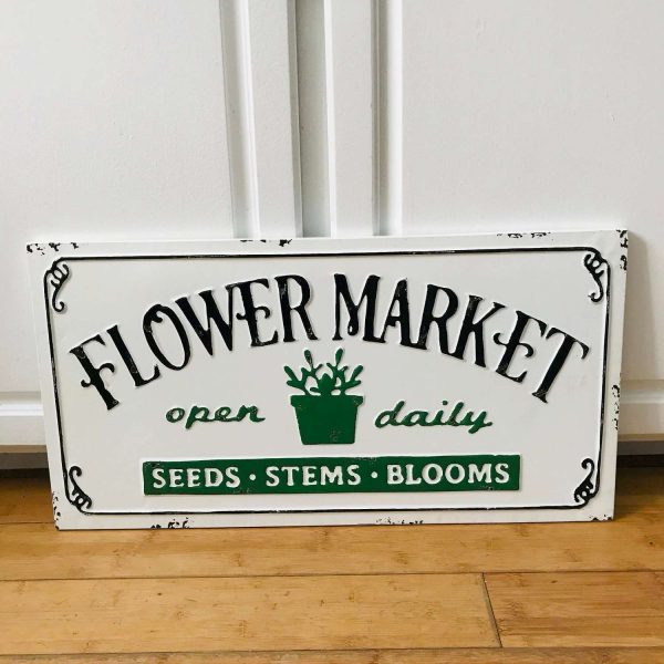 Vintage Enameled Flower Sign Restaurant farmhouse collectible Laundry wall decor vintage kitchen green and white 12" x 23"