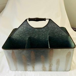 Vintage Farm Galvanized Basket Bin with wooden handle top Storage Collectible Display Farmhouse Primitive Rustic