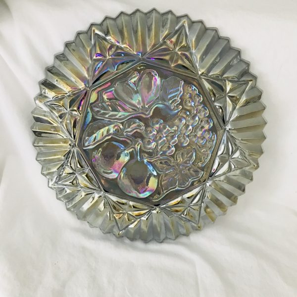 Vintage Federal Glass Iridescent Smoke Carnival Pioneer 11 1/4" Platter Tray Plate collectible display farmhouse tortes cookies serving