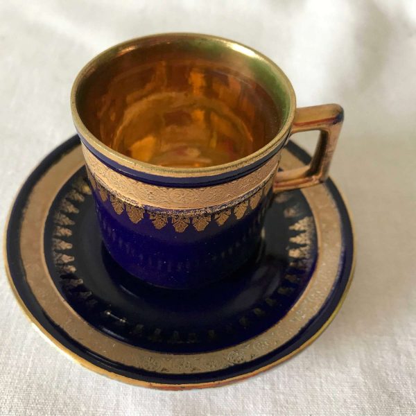 Vintage Fine bone china Demitasse tea cup and saucer Cobalt with Heavy Gold Mid Century collectible display miniature