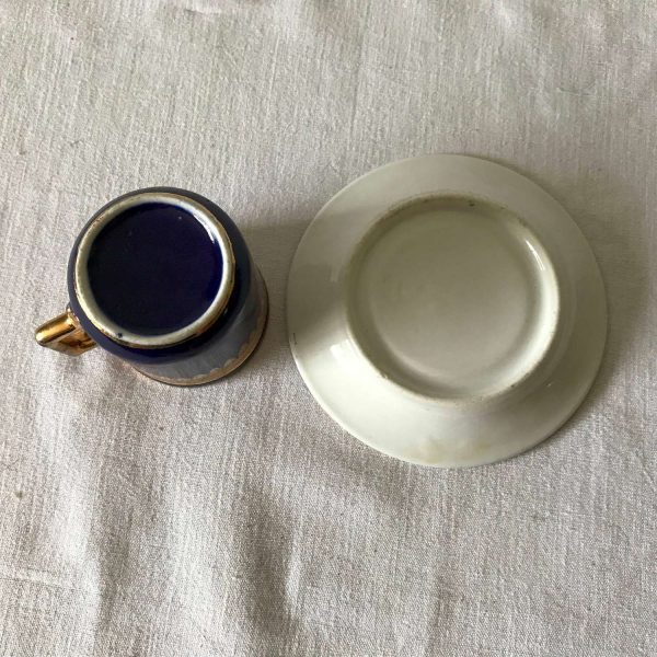 Vintage Fine bone china Demitasse tea cup and saucer Cobalt with Heavy Gold Mid Century collectible display miniature
