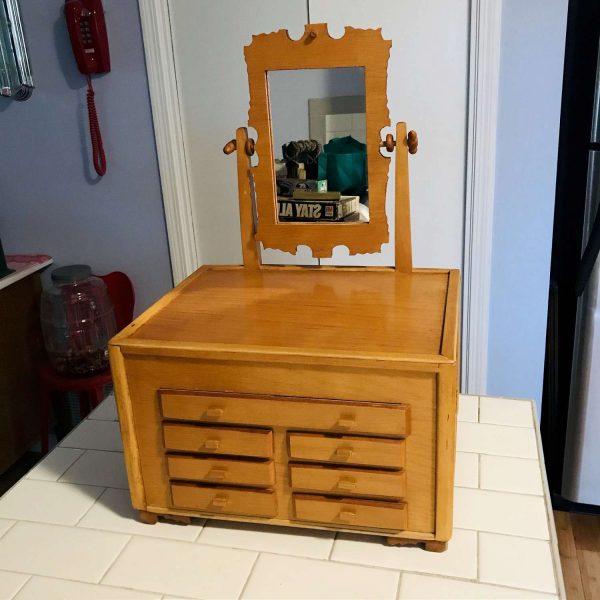 Vintage Folk art Dresser style Jewelry Box hand made light wood  Ornate swivel mirror or photo 7 drawer storage box trinkets collectibles