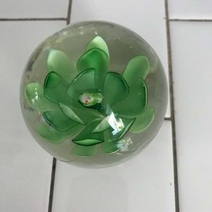 Vintage glass paperweight green flower with bird center on pedestal base collectible display home decor