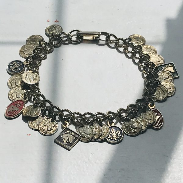 Vintage gold tone miniature coin bracelet charm bracelet 7" long
