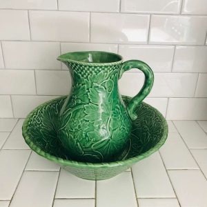 Vintage Green Leaf & vine pattern Pitcher and bowl with woven pattern edges farmhouse collectible pottery display cabin lodge