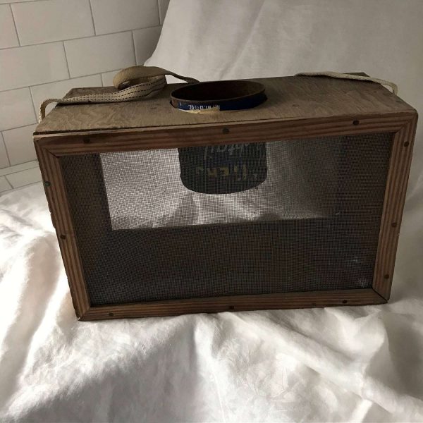 Vintage Hand made Cricket Case Planters Peanuts Can insert should strap wire mesh front and back solid sides farmhouse collectible display