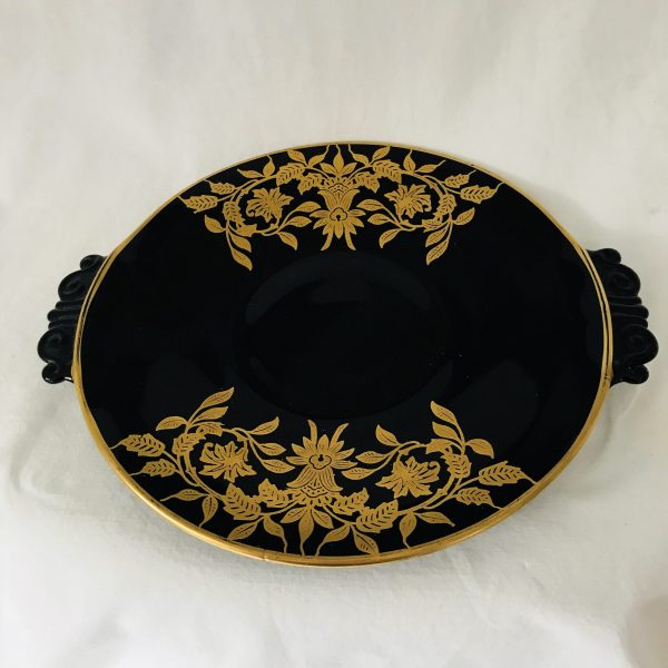 Vintage Hand painted war-time Amethyst Glass black plate with gold overlay double handle serving plate elegant display collectible