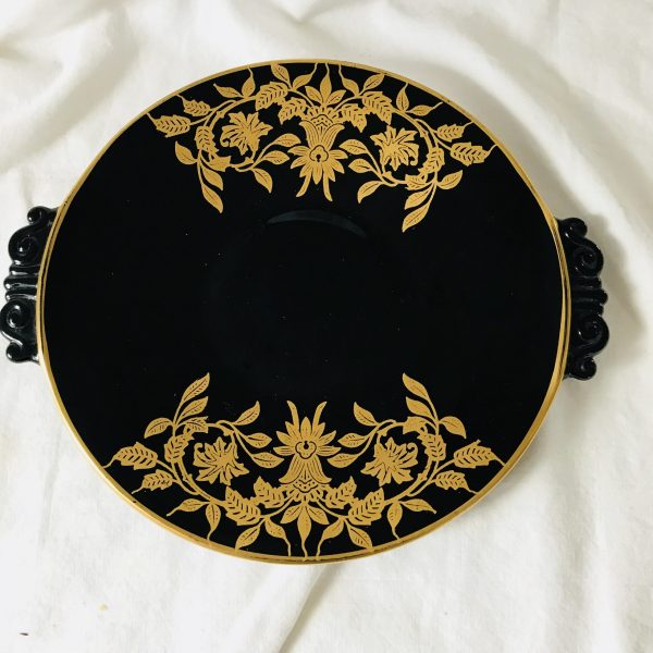 Vintage Hand painted war-time Amethyst Glass black plate with gold overlay double handle serving plate elegant display collectible