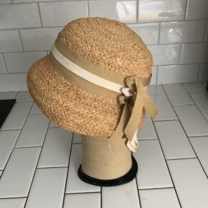 Vintage Hat Beige Cloche Straw with Gross Grain beige and ivory knots and ribbons theater movie prop costume special event