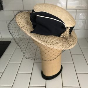 Vintage Hat Navy Blue and Beige Boater with navy netting plastic straw Pearls & Gross grain ribbon theater movie prop costume special event