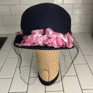 Vintage Hat Navy Blue Cloche Plastic Straw Bright Pink satin flowers and navy netting theater movie prop costume special event