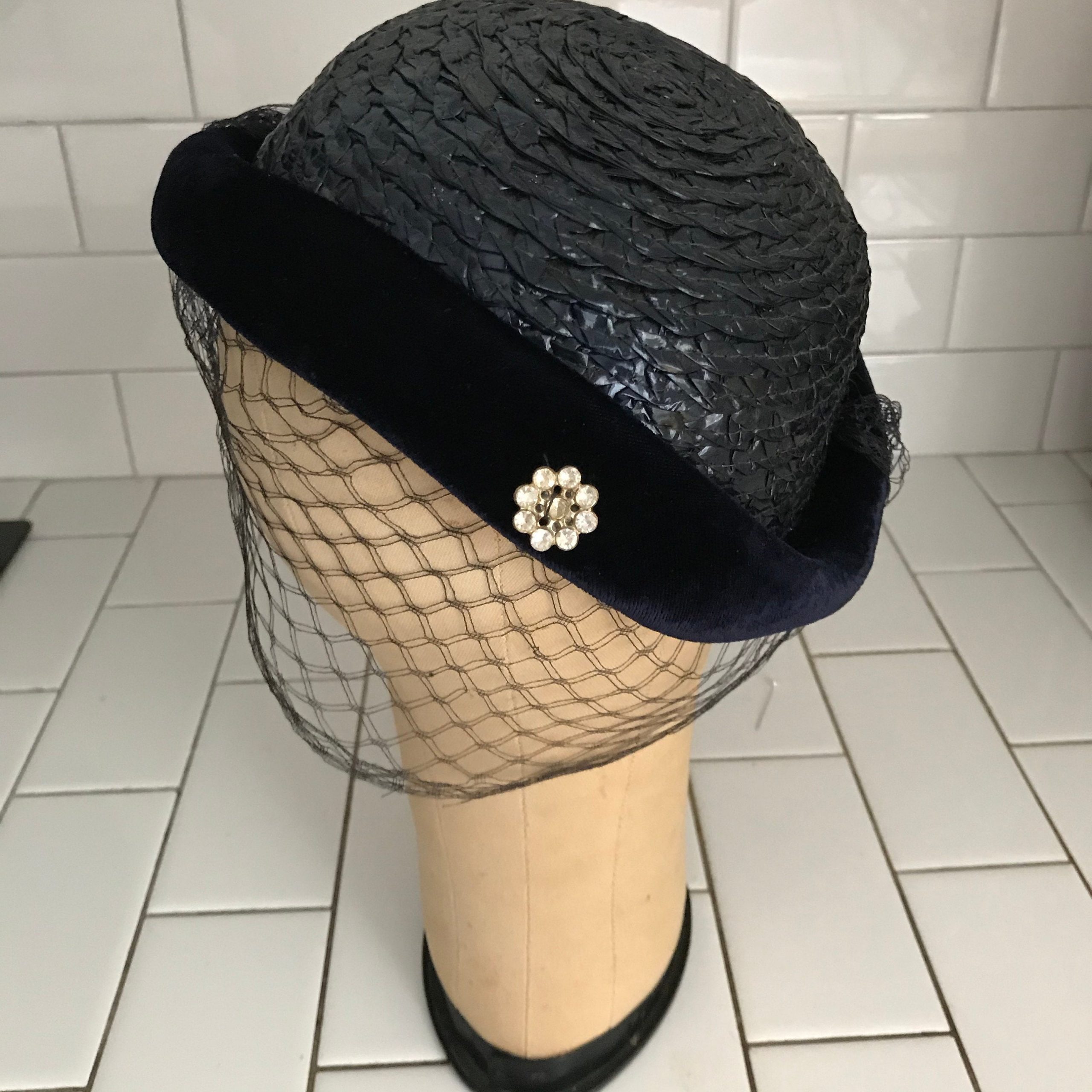 Vintage Hat Navy Blue Velvet double Netting Plastic straw top Clear ...