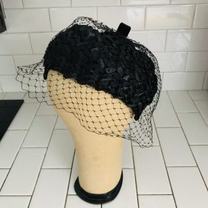 Vintage Hat Woven Velvet and Satin Black with black Netting Ring hat Union made USA theater movie prop costume special event