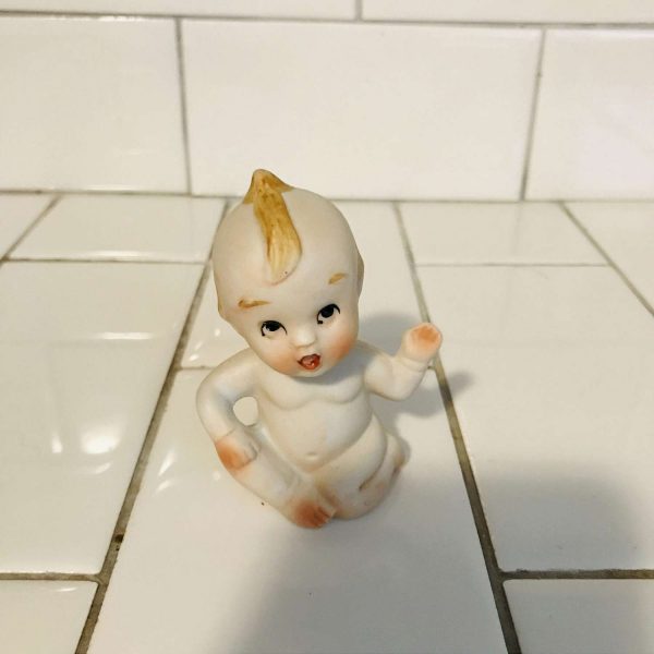 Vintage Kewpie Lefton china Japan mid century matte finish smiling face wving baby farmhouse collectible bed and breakfast figurine