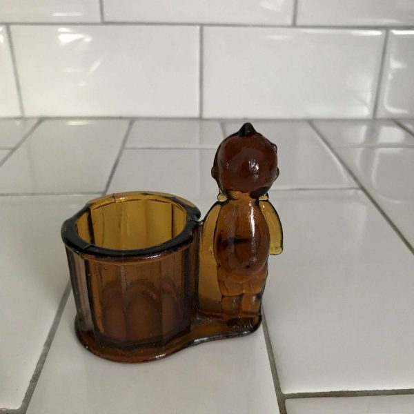 Vintage Kewpie Toothpick holder amber ribbed depression glass farmhouse collectible display retro kitchen antique decor