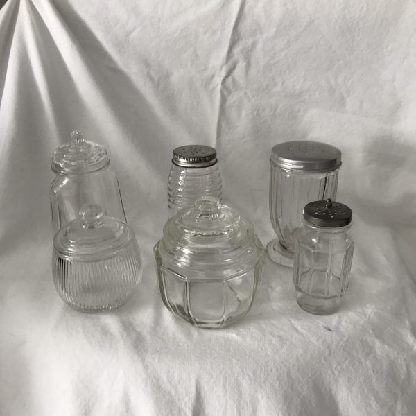 Vintage Kitchen Collection Storage Jars Lot of 5 Retro Farmhouse Collectible glass display kitchen decor 1940's-50's glass