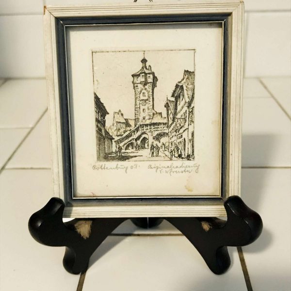 Vintage Kleingraphik Von Will Forester etching mini picture framed with glass collectible display bed and breakfast farmhouse cottage