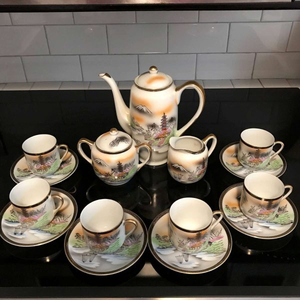 Vintage Kutani Tea Set 6 cup and saucers Lithophane with tea pot creamer sugar Japan Mount Fuji with Geisha Girls faces in cups collectible