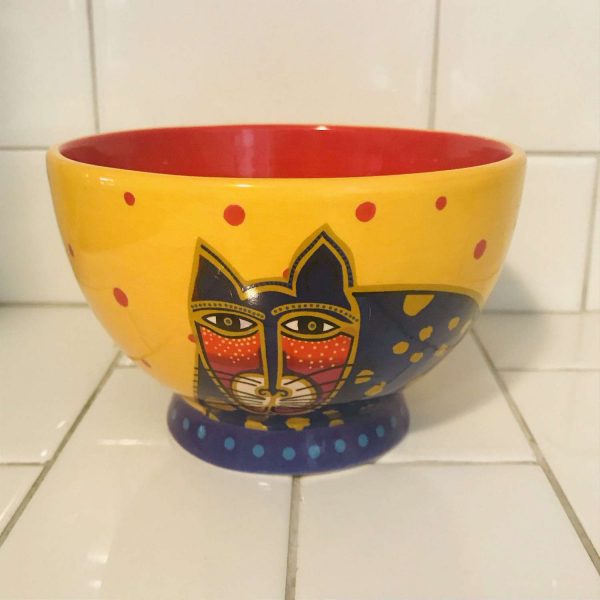 Vintage Laurel Burch Cat bowl Medium Size Prple and red cat bright yellow with red polka dots collectible display cat lovers crazy cat lady