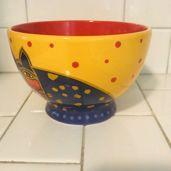 Vintage Laurel Burch Cat bowl Medium Size Prple and red cat bright yellow with red polka dots collectible display cat lovers crazy cat lady