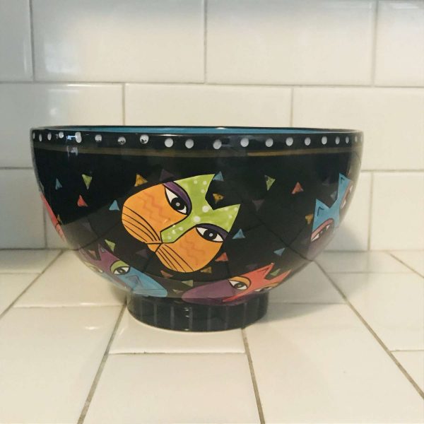 Vintage Laurel Burch Cat bowl Medium Size Purple and red cat bright yellow with red polka dots collectible display cat lovers crazy cat lady