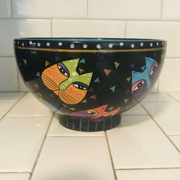 Vintage Laurel Burch Cat bowl Medium Size Purple and red cat bright yellow with red polka dots collectible display cat lovers crazy cat lady