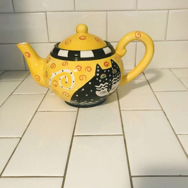 Vintage Laurel Burch Cat Teapot Tea Pot yellow black and white cat orange swirls collectible display cat lovers crazy cat lady 1998