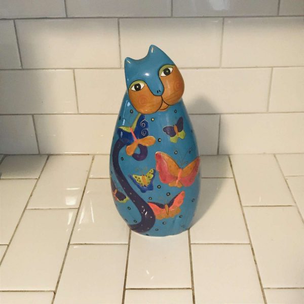 Vintage Laurel Burch Eggy Cat collectible display cat lovers crazy cat lady Aqua with butterflies all trimmed in heavy gold 10" tall