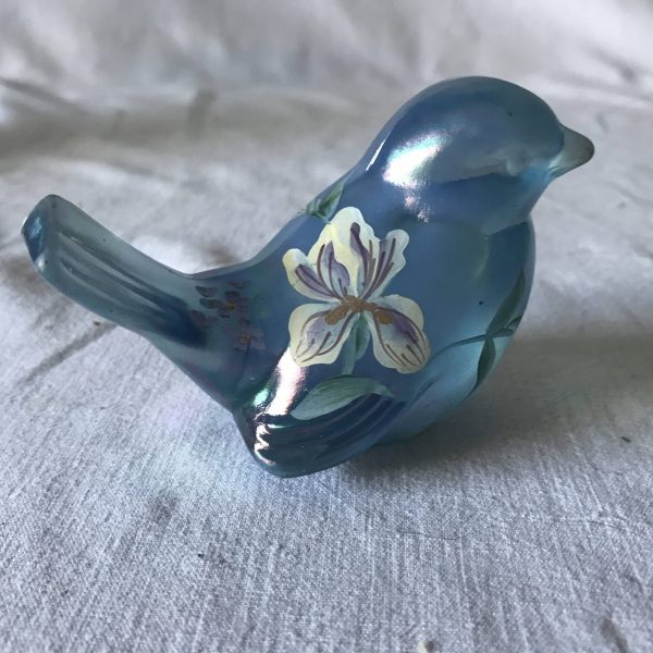 Vintage light blue hand painted Fenton Bird Figurine Signed Iridescent ice aqua blue with floral collectible display home decor