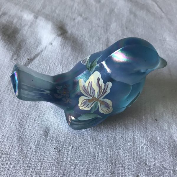 Vintage light blue hand painted Fenton Bird Figurine Signed Iridescent ice aqua blue with floral collectible display home decor