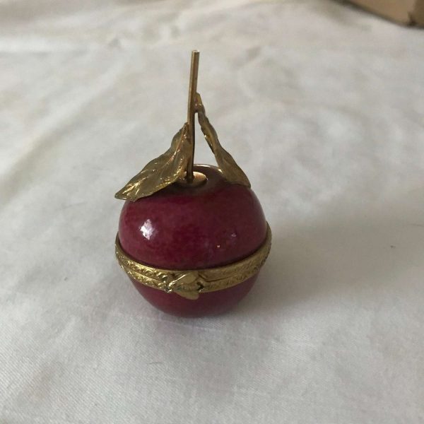 Vintage Limoges Porcelain Trinket Box hinged lid Peint Main P.V. Limoges France collectible display ring dish fruit Long stem Cherry