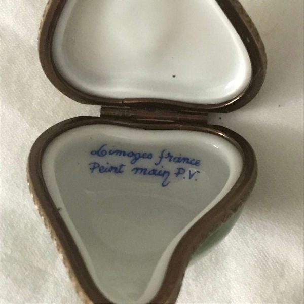 Vintage Limoges Porcelain Trinket Box hinged lid Peint Main P.V. Limoges France collectible display ring dish fruit Pear Half